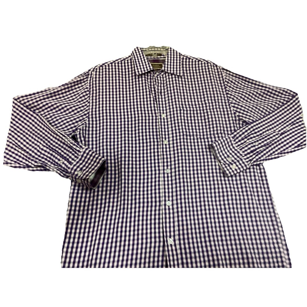 Tattersall London Men Dress Shirt 16.5 34/35 Purple Plaid Collar 100% Cotton
